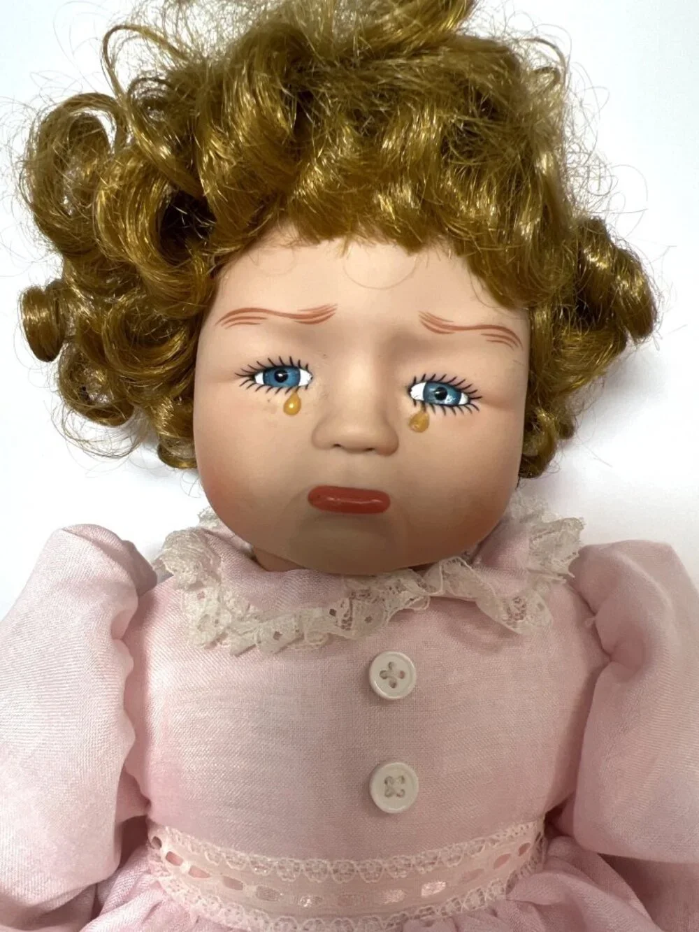 Vintage Porcelain Crying Doll In Pink Lace Dress & Bloomers Curly Blonde Hair - Picture 2 of 6